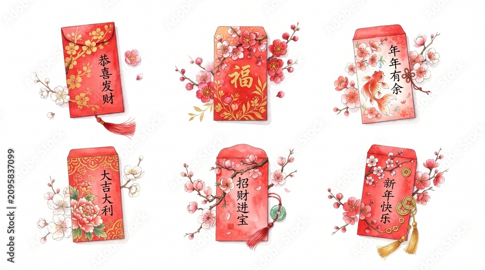 Fototapeta premium Elegant watercolor Lunar New Year red envelopes clipart. Lucky money pockets featuring golden koi fish, gold coins, and traditional fortune calligraphy adorned with cherry blossoms. Ideal for Asian Sp
