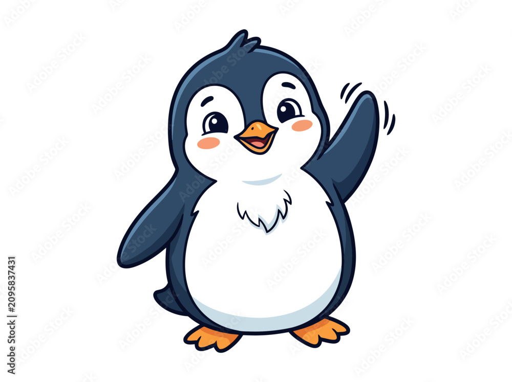 Fototapeta premium A cute cartoon penguin waving hello with a friendly smile.