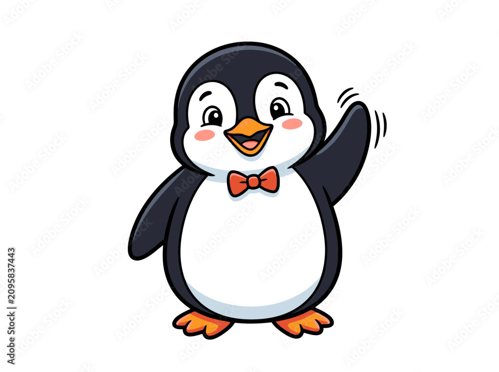 Obraz premium A cute cartoon penguin wearing a red bow tie waving hello.