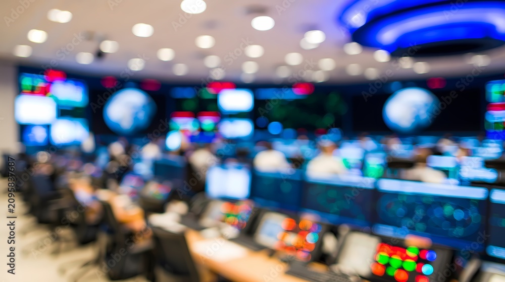 Fototapeta premium Defocused futuristic mission control room glowing with monitors and world map screens 