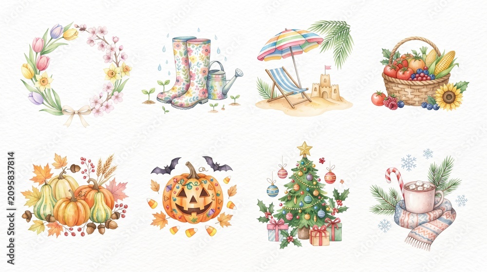 Fototapeta premium Watercolor year round holidays and seasonal celebrations clipart set. Includes spring flowers, gardening boots, beach resort, harvest basket, pumpkins, Halloween ghost, Christmas tree, and cozy winter