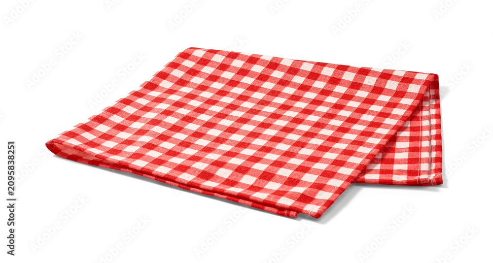 Naklejka premium Red napkin on white background. Folded red-and-white gingham kitchen towel isolated.