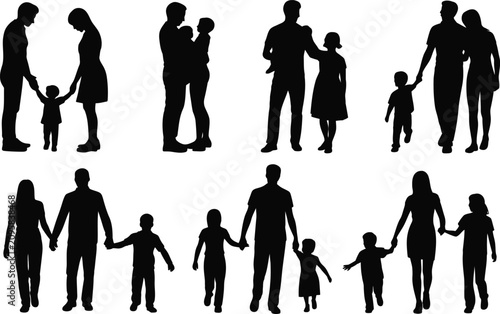 Happy family silhouettes collection featuring parents and children walking holding hands embracing isolated black vector illustration on white background