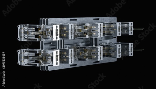 Medium shot of multimode fiberoptic transceiver module assembly highlighting careful integration of optics into metal cages optimized for shortrange highbandwidth communication.