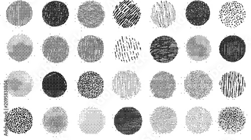 Set of various handdrawn circle textures and patterns, collection of abstract circular shapes with different hatching and scribbles