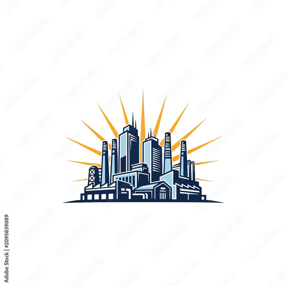 Obraz premium Industrial cityscape illustration with factories and rising sun