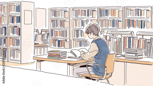 図書館で学ぶ学生の勉強風景、読書、学習、試験勉強、自習、受験、レポート作成、資料調査、研究、参考書、本棚、ノートパソコン、デスク、椅子、学校、大学、教育、知識、集中、静かな空間、シンプル、ミニマル、手描き、線画、水彩、清潔感、コピー用紙、余白、教材、オンライン学習、課題、勉強会、教室、若者、後ろ姿、室内、知的、学び、背景、挿絵、広告、ブログ、サムネイル、パンフレット、ポスター用イラスト、資料素材集