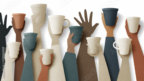 diverse hands holding cups in various colors and sizes symbolizing unity and community in a vibrant social gathering setting