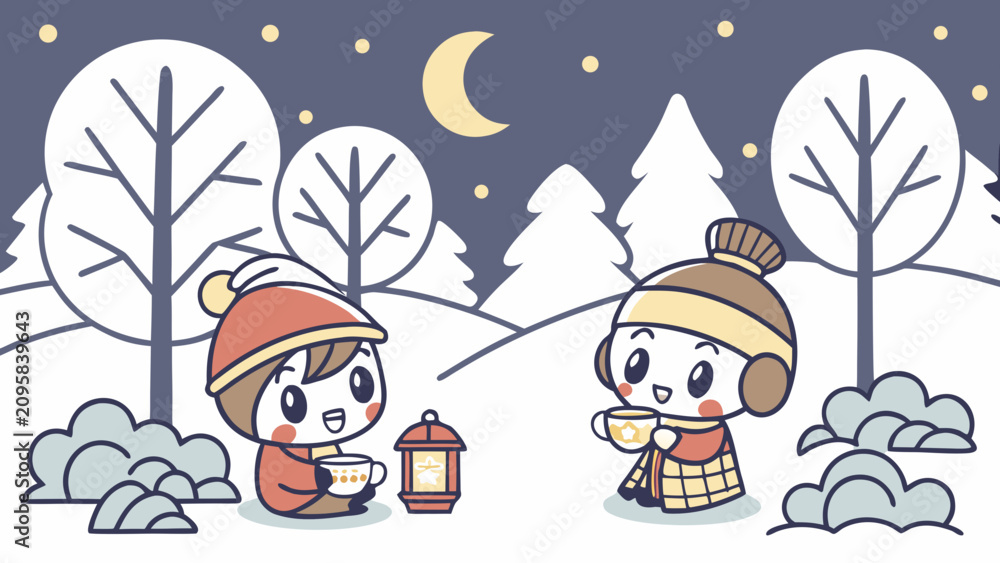 Fototapeta premium Cute characters enjoying warm cocoa in a peaceful snowy winter forest under moonlight