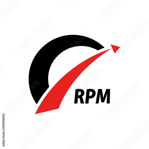 Minimalist RPM speedometer logo with red arrow on white background