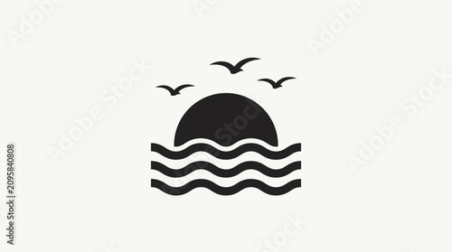 Sunrise over serene ocean waves with flying birds