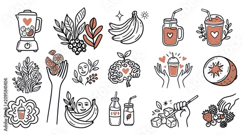 Collection of hand-drawn illustrations depicting healthy lifestyle elements and natural ingredients.