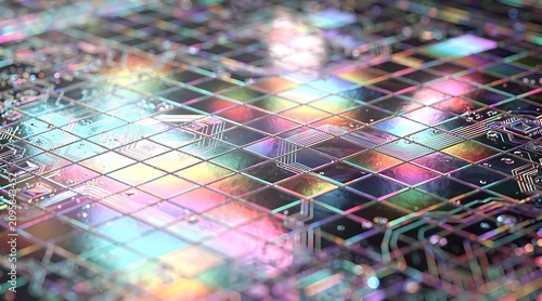 Holographic grid pattern with rainbow colors.