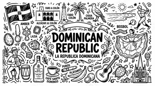 Dominican Republic Black and White Hand Drawn Travel Doodle Illustration