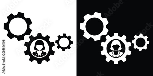 Cuadro en lienzo Female corporate employee icons inside integrated rotating gear cogs