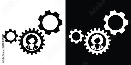 Photos Female corporate employee icons inside integrated rotating gear cogs