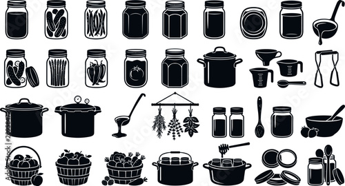 Canning and preserving food icons set, homemade jams and pickles, kitchen tools and ingredients for home canning