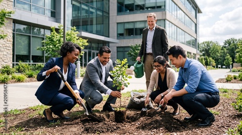 Diverse business team planting a tree outside modern office building promoting sustainability and teamwork