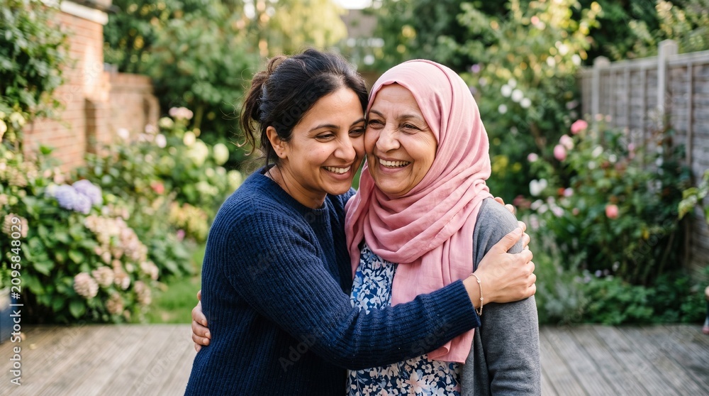 Fototapeta premium Two women of different generations embracing warmly in a lush garden setting
