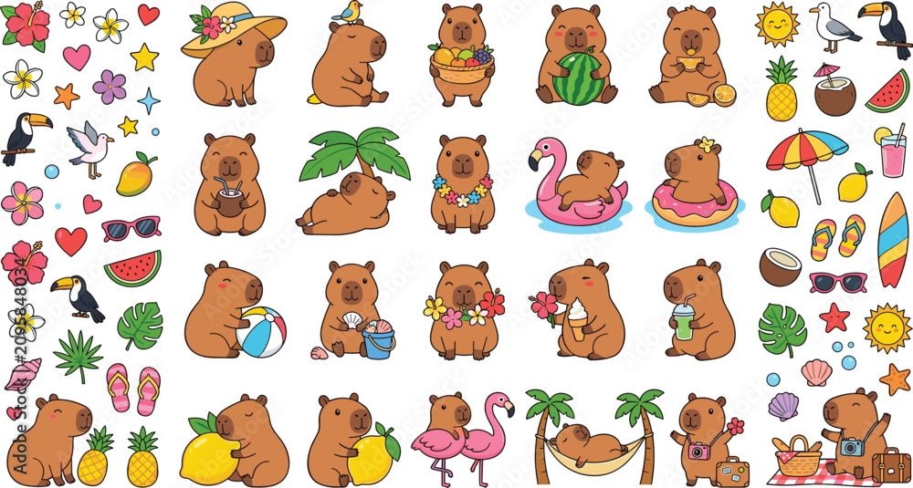 Fototapeta premium Cute Capybara Tropical Summer Vector Icon Set with Beach Vacation Elements, Pool Floats, and Exotic Fruits for Kids Patterns and Stickers