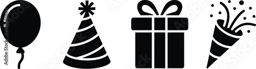 Fotografía Party celebration black silhouette icons set, featuring a balloon, striped cone