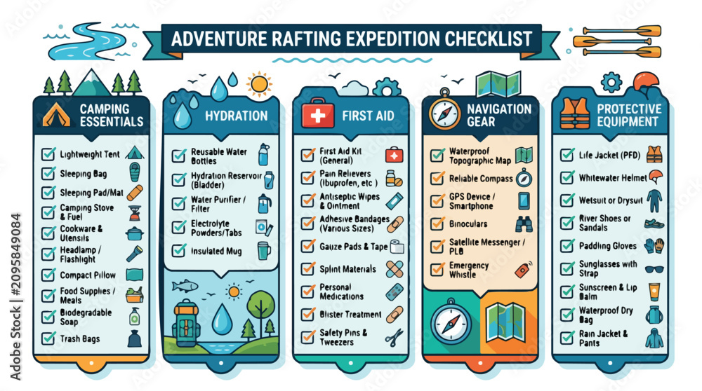 Naklejka premium Adventure Rafting Expedition Checklist Infographic Guide.
