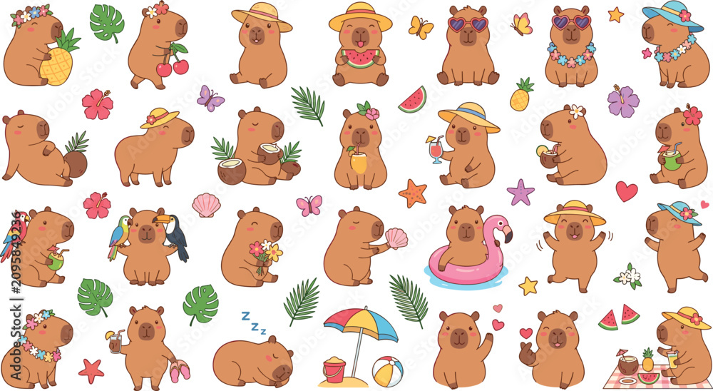 Obraz premium Cute Capybara Summer Resort Vector Collection featuring Tropical Drinks, Beach Elements, and Exotic Birds for Kids Apparel, Stickers, and Holiday 