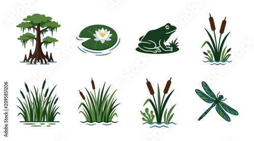 Canvastavla Swamp Life Icons: Frog, Cypress Tree, Lily Pad, Cattails, Dragonfly Collection