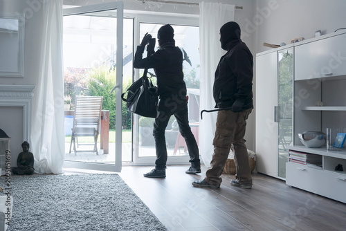 Two burglars leaving an one-family house with their loot at daytime