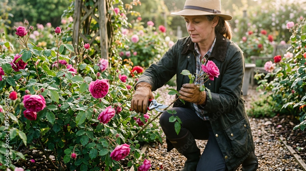 Fototapeta premium Woman gardener wearing a hat and gloves prunes pink roses in a lush garden during golden hour