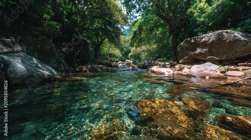 Serene Freshwater River Surrounded by Lush Greenery and Rocks