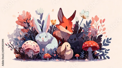 Whimsical Forest Scene with Animals and Fungi in Soft Colors
