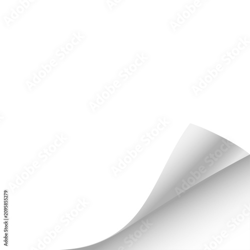 Paper curl corner background. Curled paper corner with realistic page fold effect. White sheet edge peeling back, revealing shadow and depth. Minimal vector illustration.
