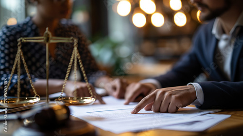 Two faceless attorneys discussing contract papers and pointing to key clauses on a desk, corporate consultation setting with balanced framing, credible legal props and soft defocused