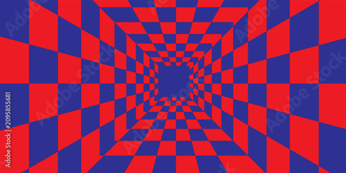 Fotografía Abstract 3D optical illusion tunnel with red and blue checkered pattern creating a deep perspective effect