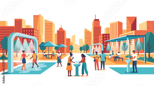 Modern urban park with diverse people using public cooling showers and handwashing stations, promoting health, hygiene, and comfort for city planning, public health campaigns, and community