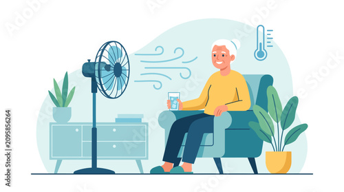 Elderly woman enjoying cool breeze from a fan in a hot room with thermometer showing high temperature, concept for summer heatwave relief, personal comfort and home cooling solutions