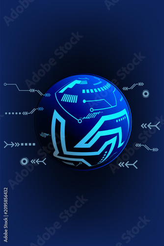 Futuristic Tech Globe with Glowing Circuit Lines on Dark Blue Background