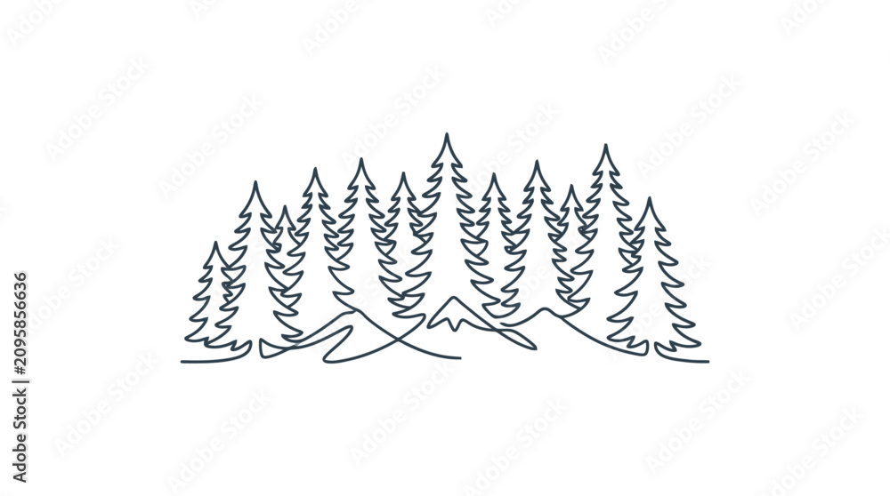 Obraz premium Minimalist Pine Forest Line Art - Evergreen Trees and Mountains Illustration
