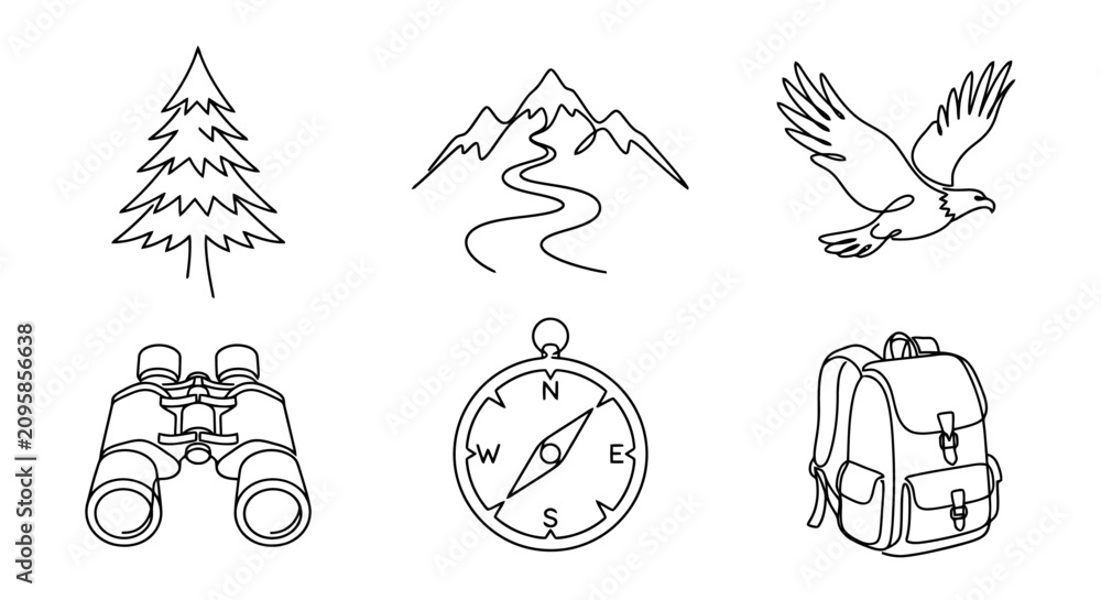 Fototapeta premium Outdoor Adventure Icons: Tree, Mountains, Eagle, Binoculars, Compass, Backpack