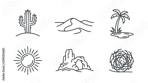 Schilderij op canvas Desert Landscape Icons: Cactus, Dunes, Palm Tree, Sun, Rock Formation, Barbed Wi