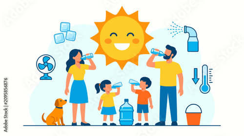 Cuadro en lienzo Happy family illustration with parents and children drinking water under a smiling sun, concept for staying hydrated in hot weather, heatstroke prevention, and summer safety campaigns