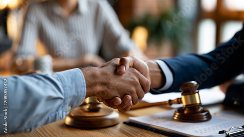 Faceless lawyer and businessman sealing a deal with a handshake after legal advice, corporate consultation setting with balanced framing, credible legal props and soft defocused