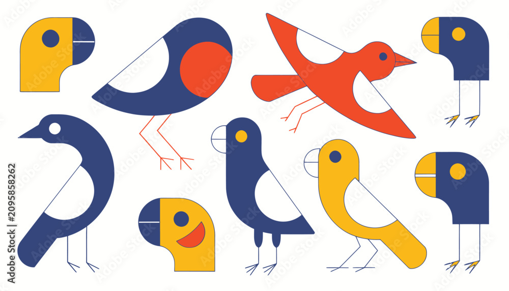 Obraz premium Stylized bird silhouettes in primary colors modern vector illustration silhouette