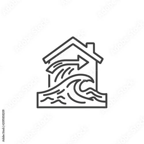 House icon with flood wave and arrow.