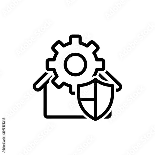 House icon with gear and shield for home maintenance.