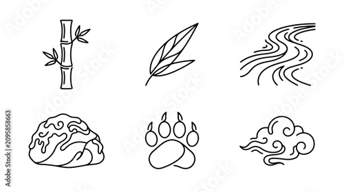 Photography Nature Icons: Bamboo, Leaf, River, Rock, Paw Print, Cloud - Minimalist Line Art