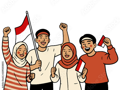 Fotografie Cartoon illustration of a group of Indonesian people holding flags and raising t