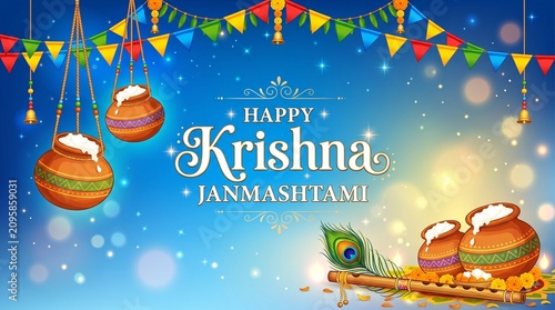  Happy Krishna Janmashtami Celebration Vector Greeting: Dahi Handi, Flute, and Peacock Feather Design