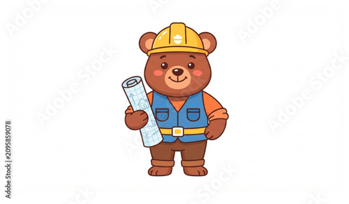 Foto Cute Builder Bear with Helmet and Blueprint Flat Vector Illustration for Kids